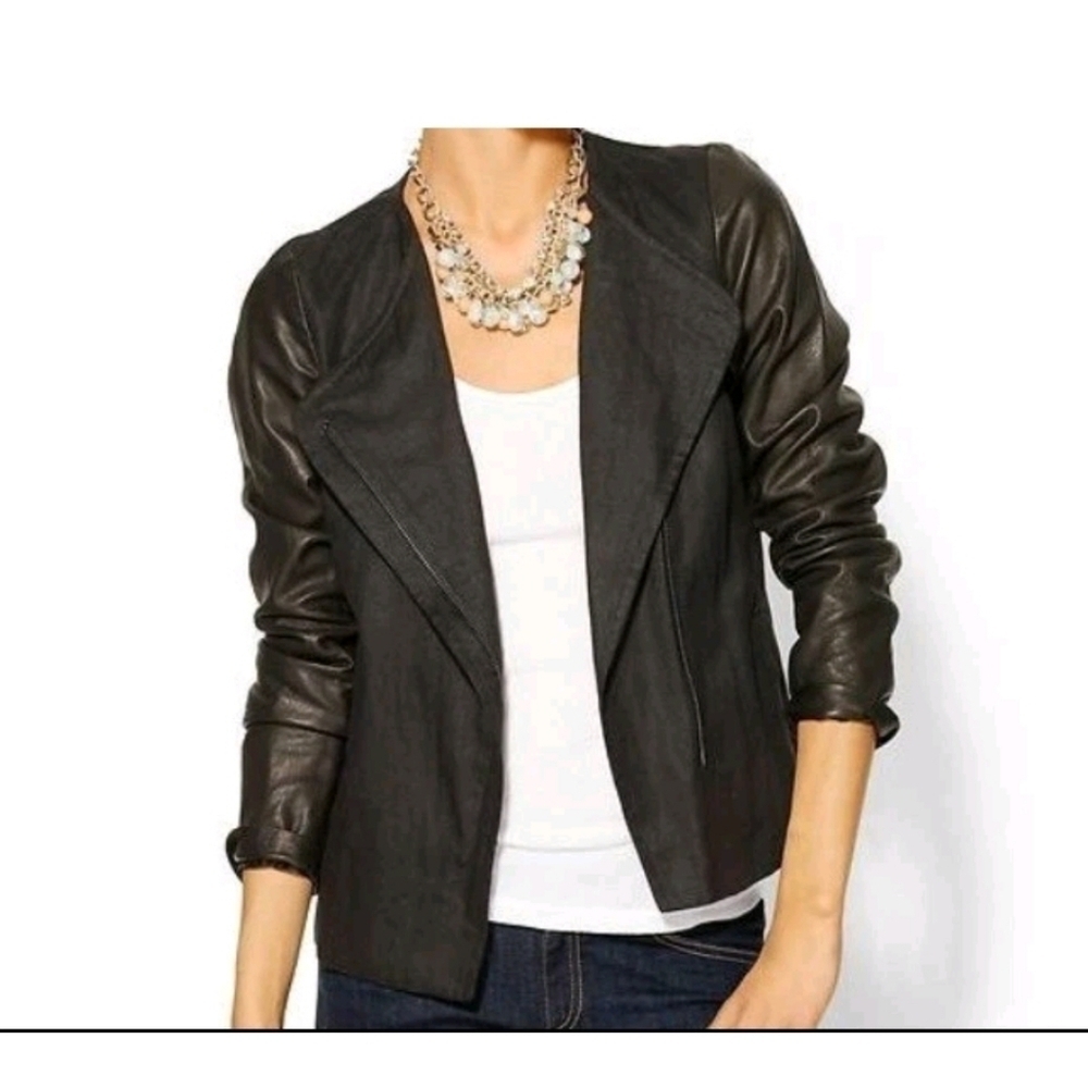 Vince Black Linen And Leather Moto Jacket Size 2!